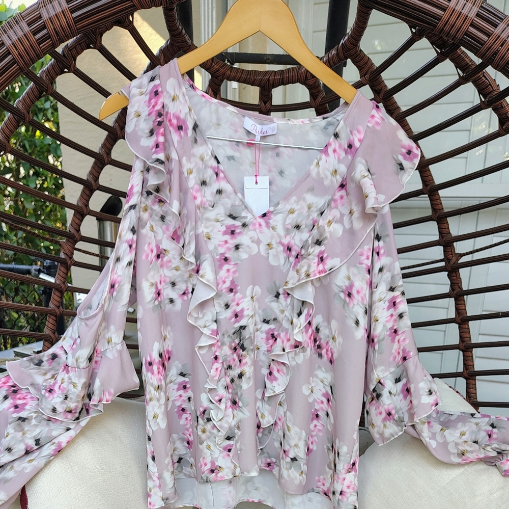 $352 NWT PARKER BARE SHOULDER PRINTED FLORAL PUFF SLV TOP ROMANTIC RUFFLES Sz L